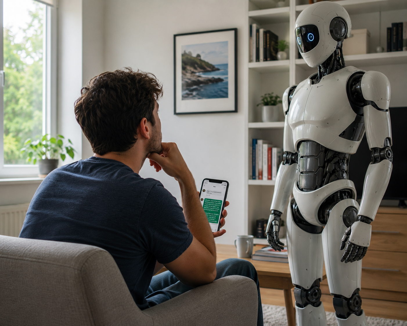 The same man stands in a bright living room next to a tall humanoid robot, frowning at the green-bubble message thread on his phone with his hand on his chin.